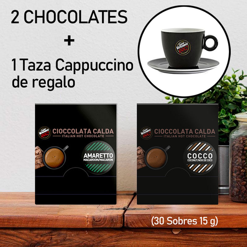 PACK 1 CHOCOLATE AMARETTO Y 1 CHOCOLATE COCO + TAZA DE REGALO