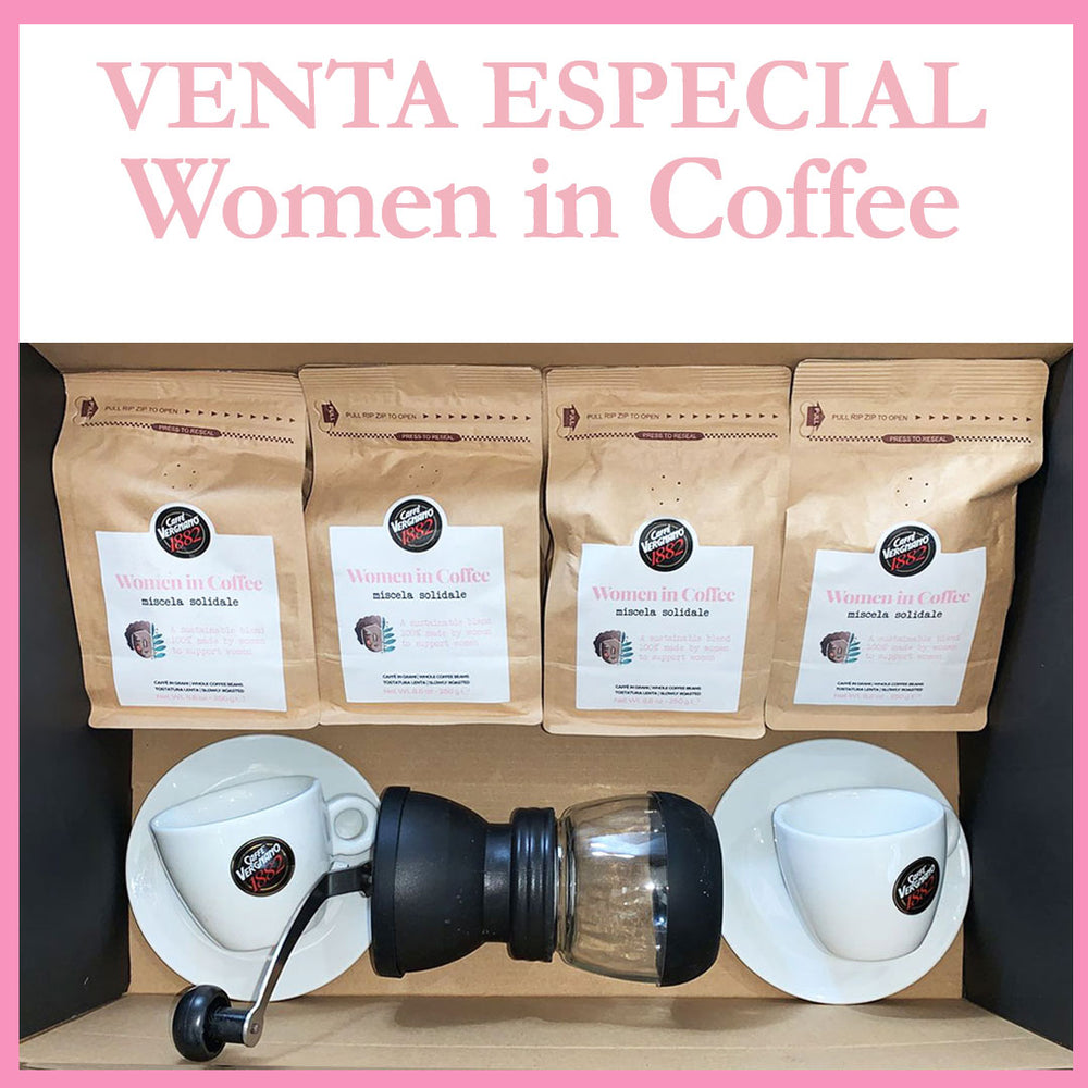 Café Vergnano granos 250g 4 unid. women in coffee  + 1 molinillo y 2 tazas cappuccino