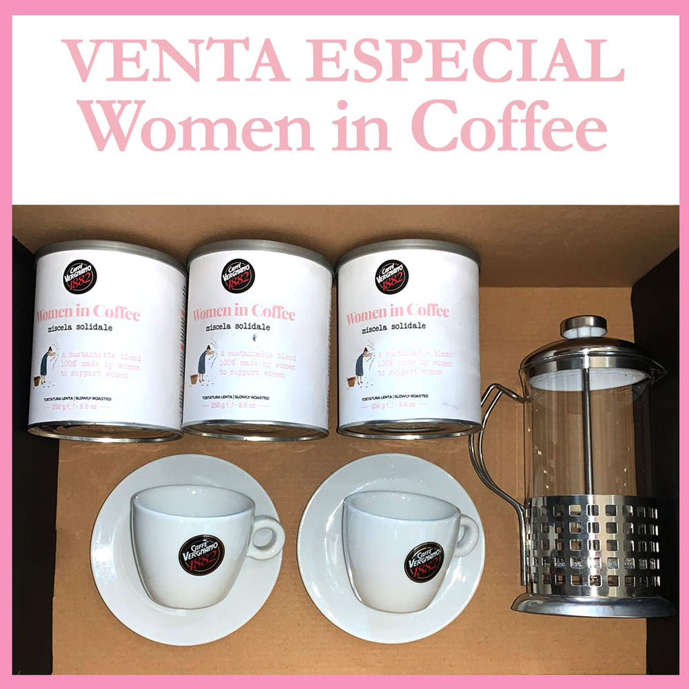CAFÉ MOLIDO 250g 3 Tarros Women in coffee + prensa francesa y 2 tazas espresso