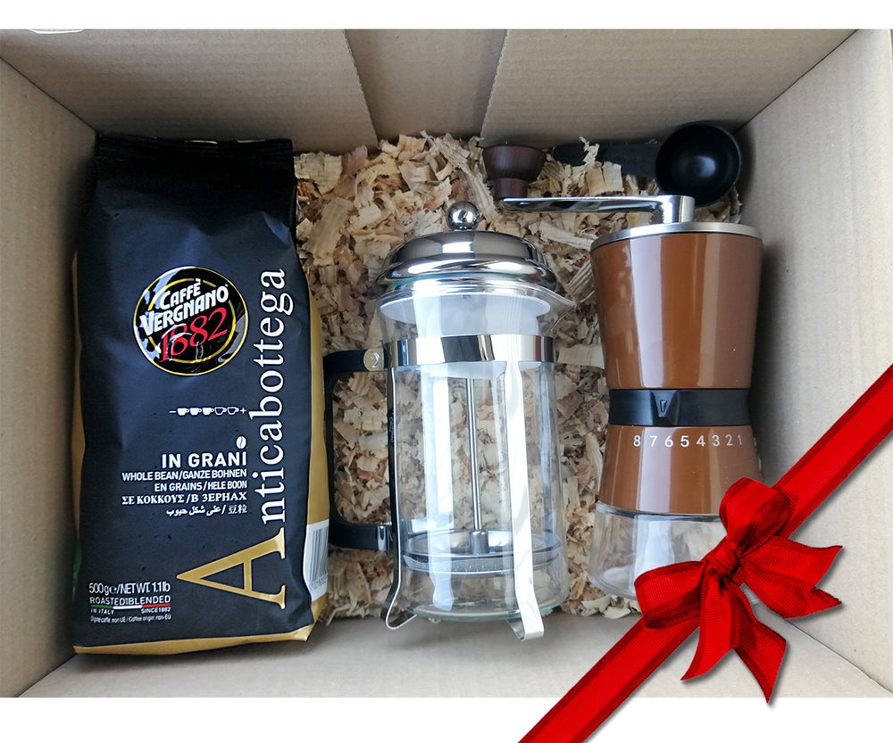 Pack Café Antica Bottega Grano 500g + Prensa francesa y Molinillo + Taza cappuccino de regalo !