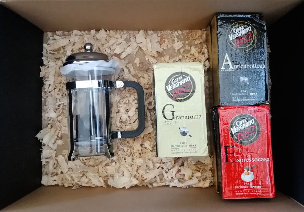 PACK CAFÉ MOLIDO 3 variedades, Gran aroma, Anticà Bottega, Espresso 250g + Prensa Francesa