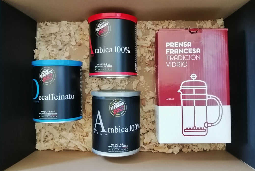 PACK CAFÉ MOLIDO TARRO 3 variedades, Arábica Espresso, Arabica Moka, Descafeinado,  250g + Prensa Francesa