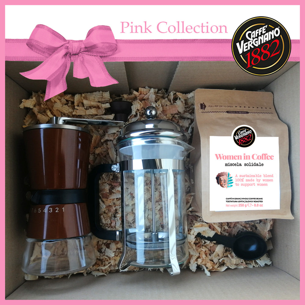 Kit Pink Women in coffee Café en Granos + Molinillo + Prensa francesa + Taza cappuccino de regalo !